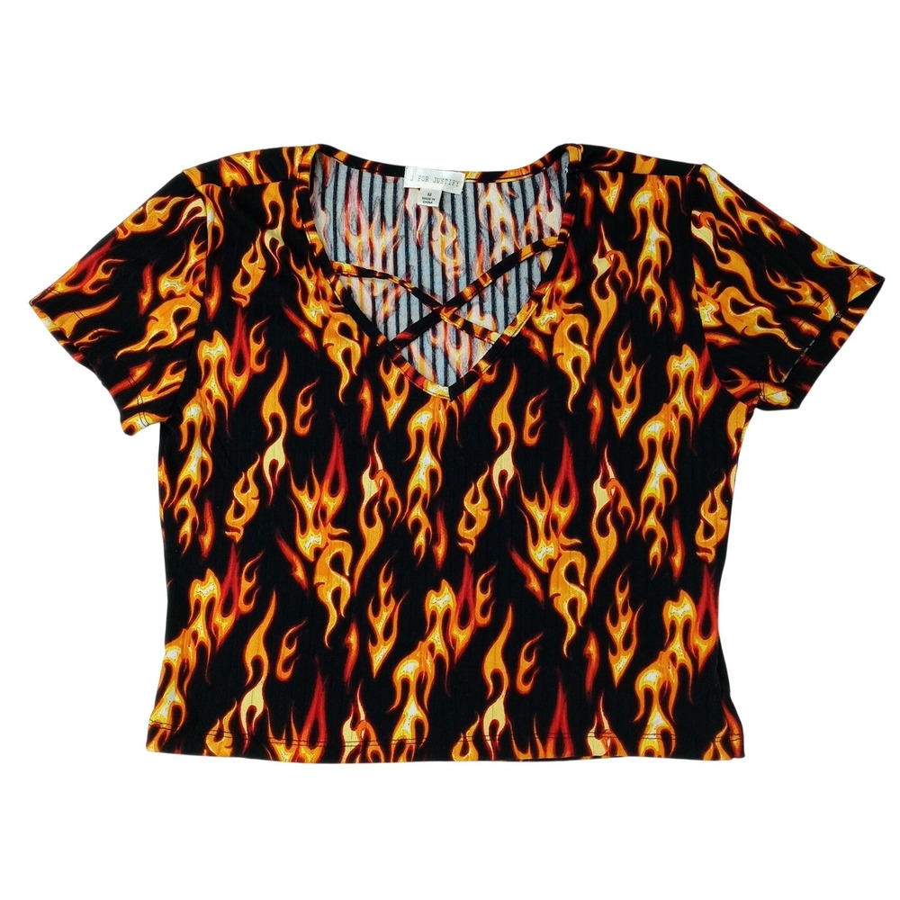 J FOR JUSTIFY Flame Print Crisscross VNeck CropTop Women Size M Black Orange Red